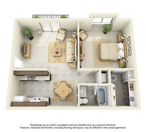 Floor plan for 1 bed, 1 bath, 640 sqft